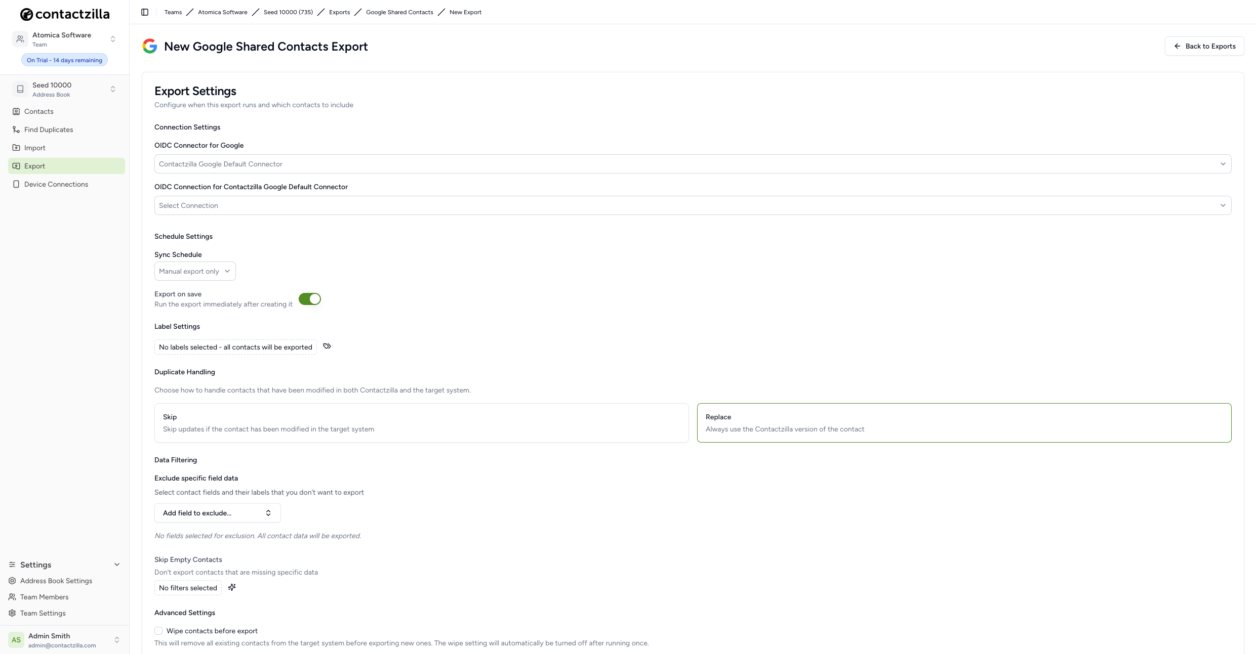 Google Export setup